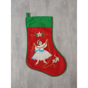 Vtg Handmade Girl & Cat Applique Christmas Stocking Beads Lace Mid Century